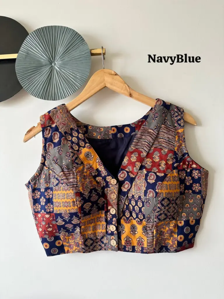 Navy Blue Cotton Handblock Patchwork Print Blouse