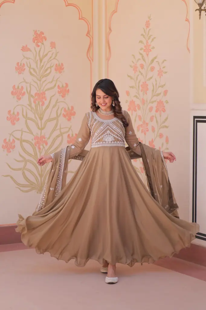 LW 9311 Beige Star Georgette Gown Design