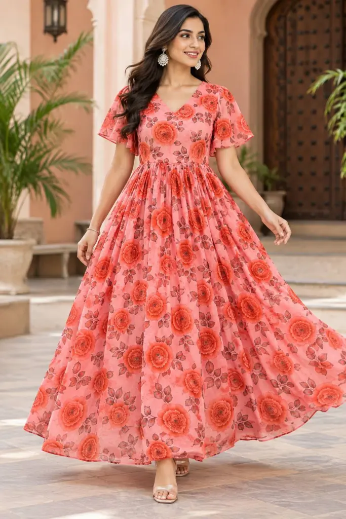 Orange Frorenza Faux Georgette Gown
